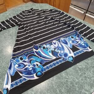 Chicos Travelers Size 2 LG 3/4 Sleeve Asymmetrical Top Floral Stripe Boho Artsy